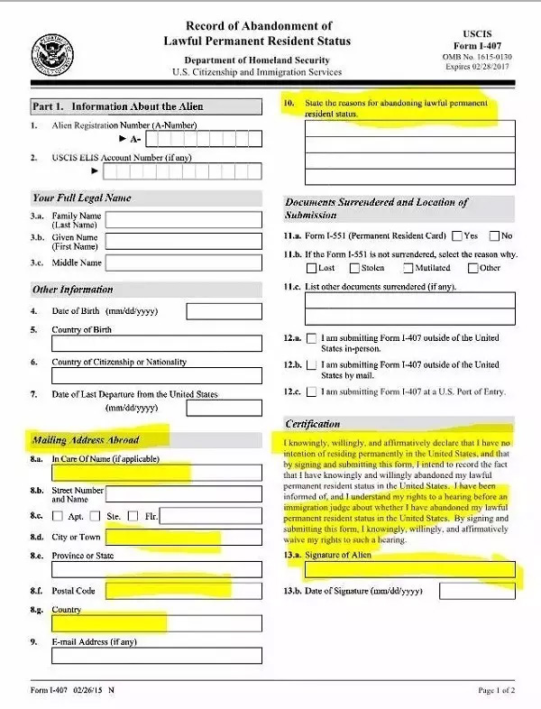 I407自愿放弃绿卡表格 I407自愿放弃绿卡表格